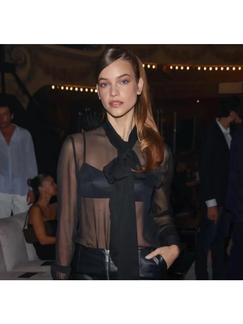 Saint Laurent 2024 New Sheer Blouse with Bow Detail Black