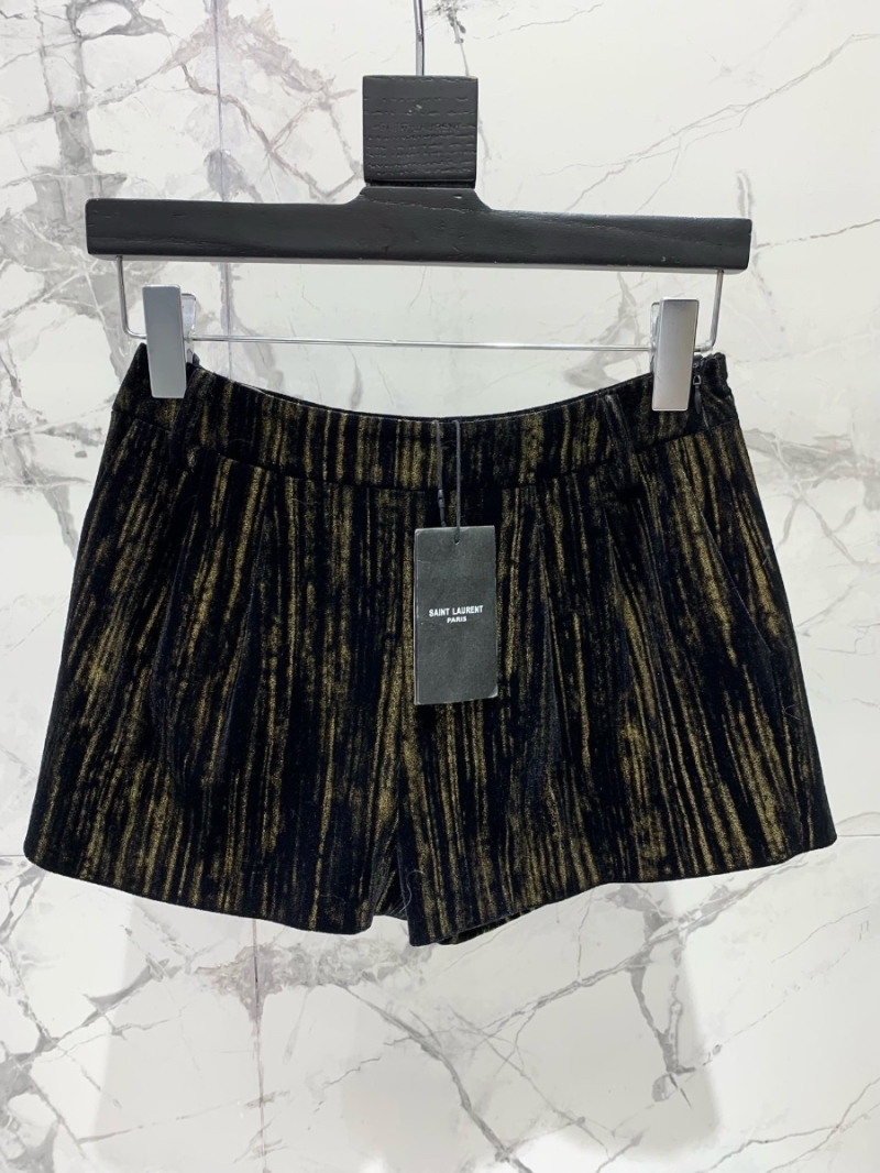 YSL Saint Laurent Gold-Pressed Velvet Pleated Shorts