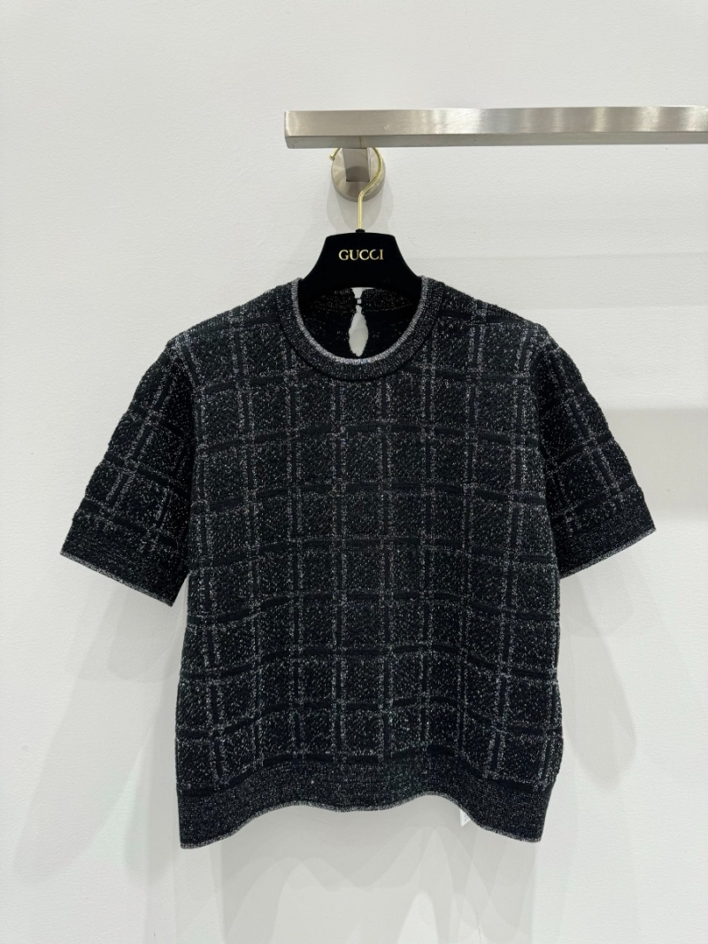 Gucci 25SS Early Spring Collection Gold Thread Plaid Short-Sleeve Top Black