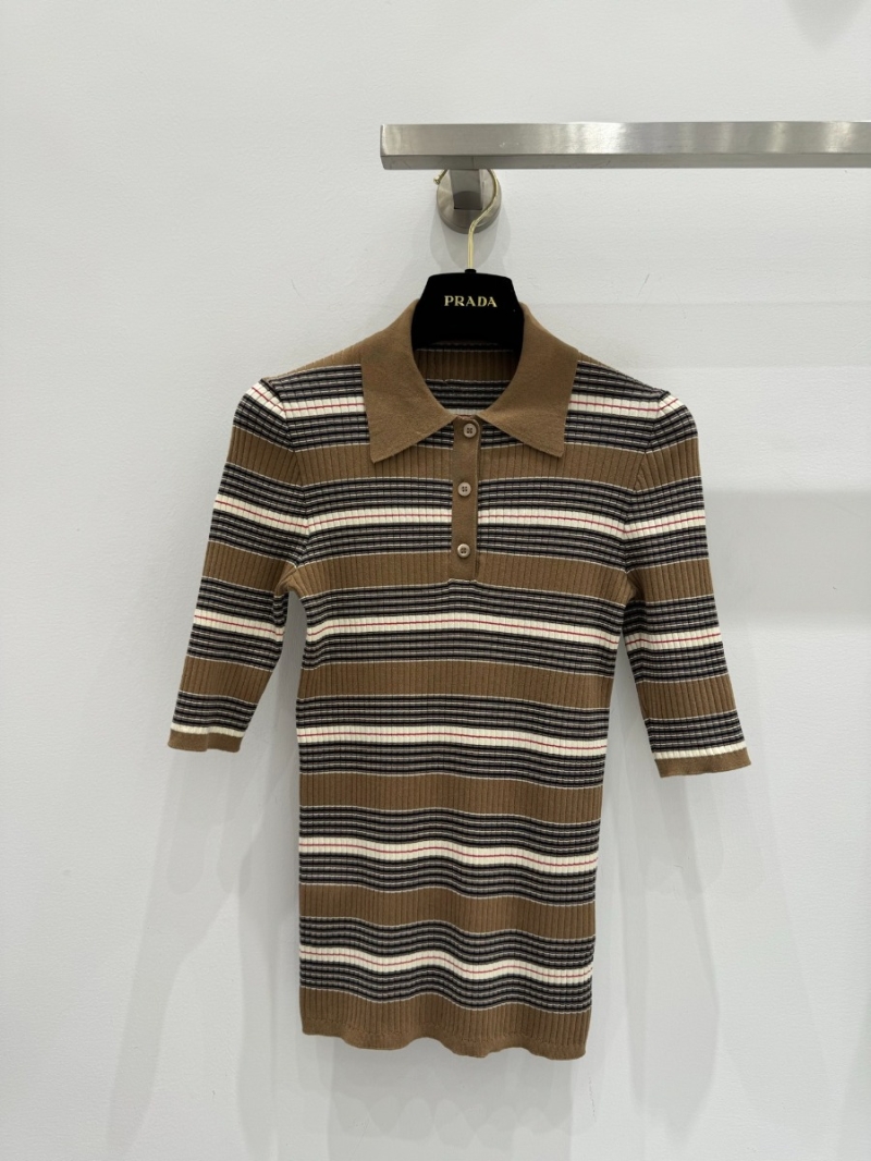 Prada 25SS Exclusive Striped Knit Polo Short Sleeve Top