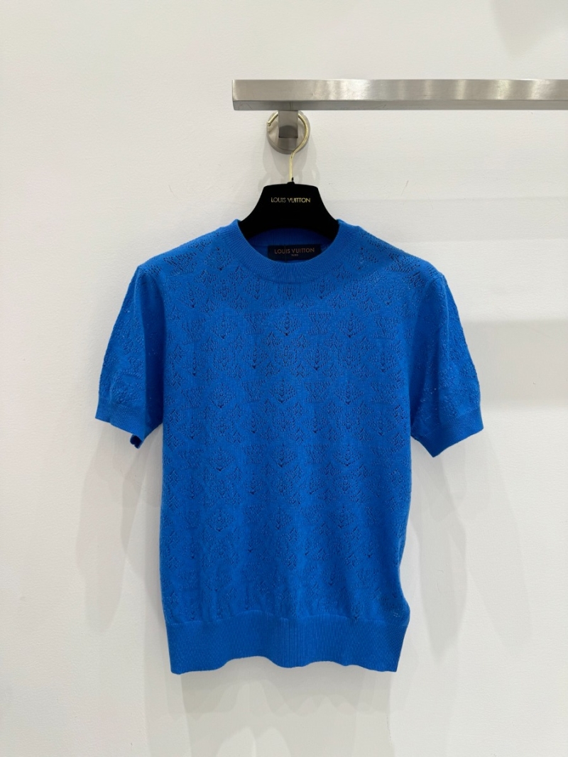 Louis Vuitton Exclusive Spring Summer Hollow-Out Knitted Short Sleeve Top Blue