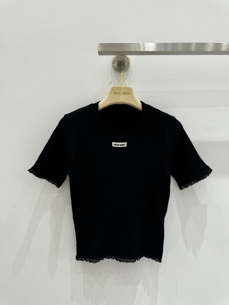 Miu Miu Summer Exclusive Lace-Trimmed Short-Sleeve Top Black- Luxe Cotton Chic