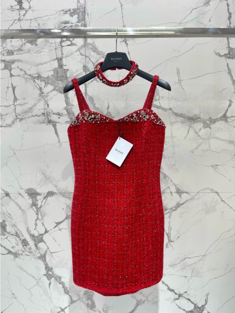 Balmain Fall/Winter Black Crystal-Embellished Tweed Strap Dress Red