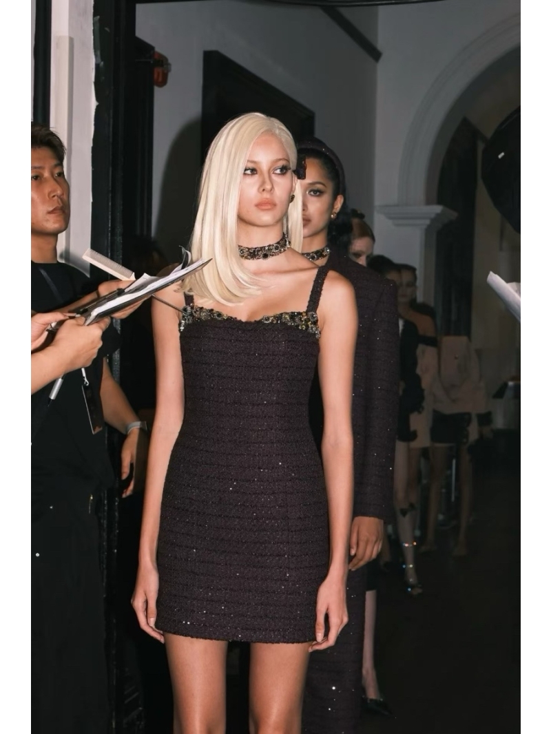Balmain Fall/Winter Black Crystal-Embellished Tweed Strap Dress