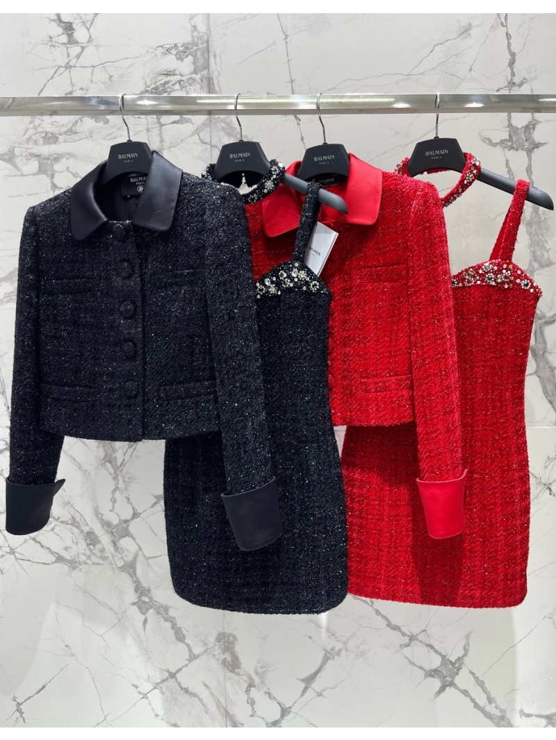 Balmain Fall/Winter 24 Tweed Jacket with Contrasting Collar Red