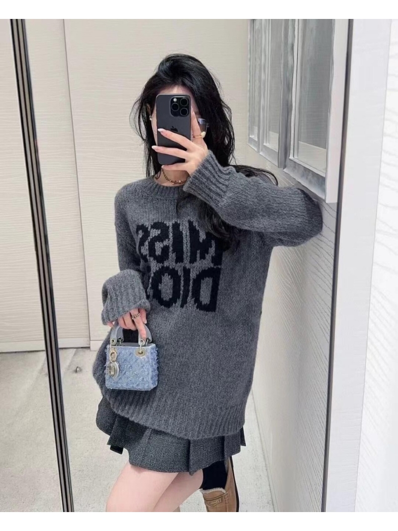 Dio 24FW Fall/Winter Soft Sweater Graffiti Letter Jacquard Silk & Cashmere Blend. Dark Gray