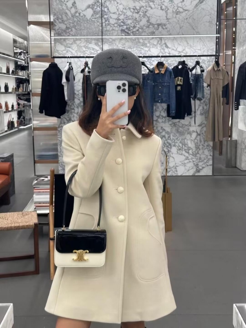 Celine 24 FW Collection Elegant Wool-Cashmere Coat in Beige