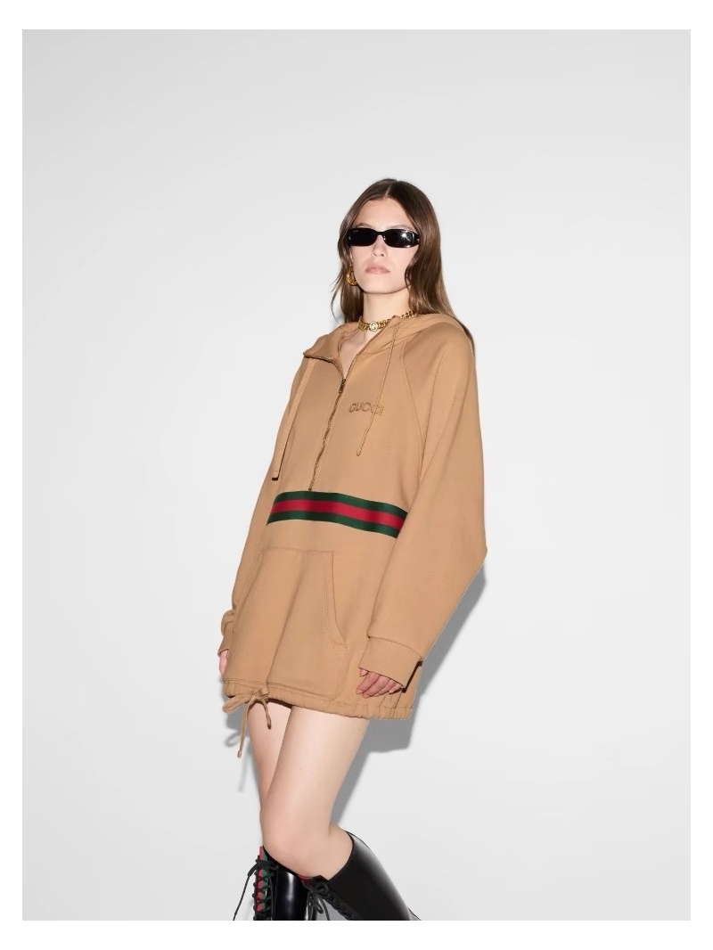 Gucci 24FW Autumn/Winter New Collection Elegant Embroidered Logo Hooded Sweatshirt Dress with Red-Green Stripes - Beige