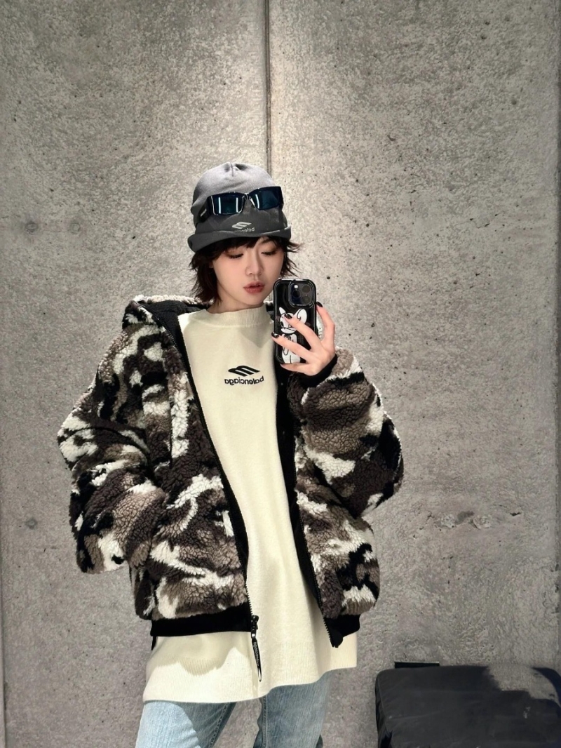 Balenciaga 24FW Snow Series Camouflage Oversized Hooded Shearling Jacket