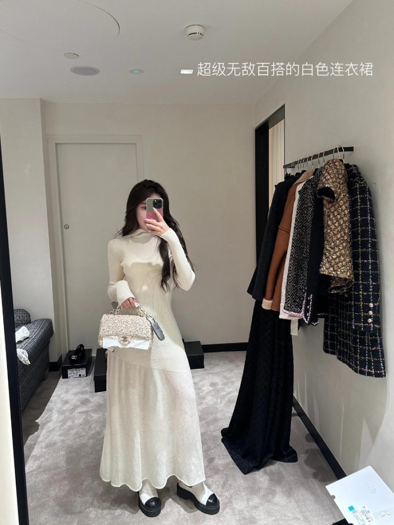 Chanel 24K Winter Luxe Ribbed Wool Maxi Dress - Off-White