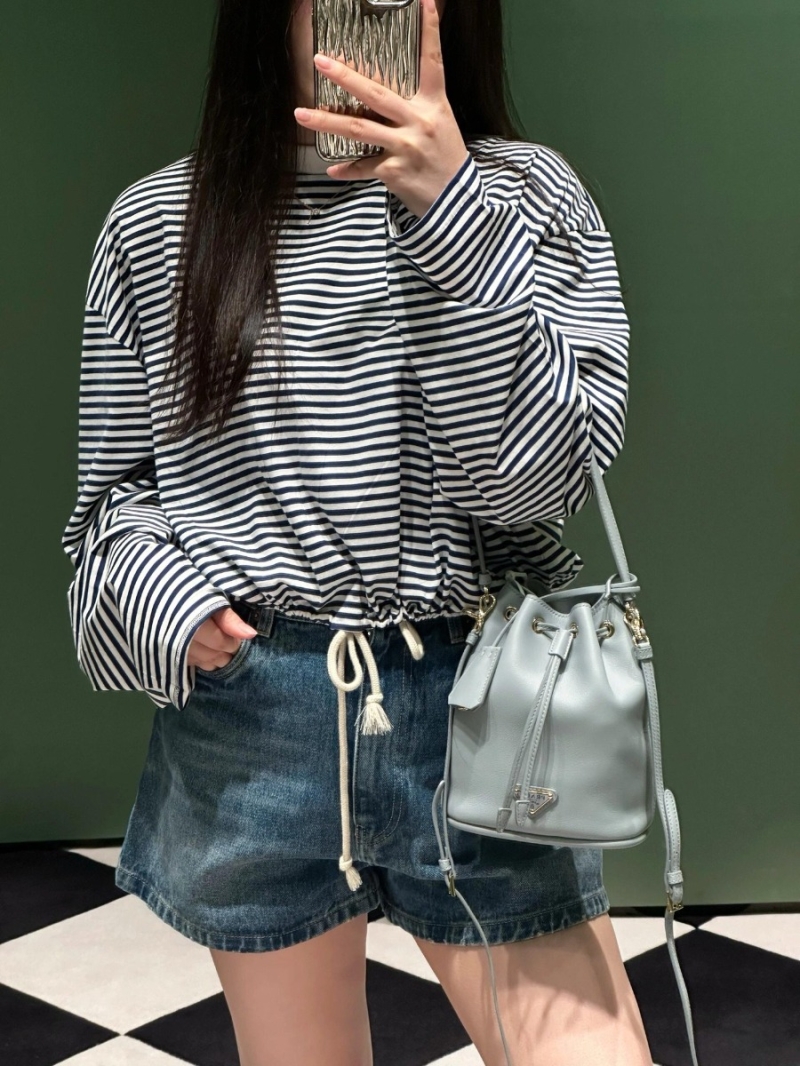 Prada 25SS Spring/Summer Modern Striped Embroidered Long-Sleeve T-Shirt in Navy/White