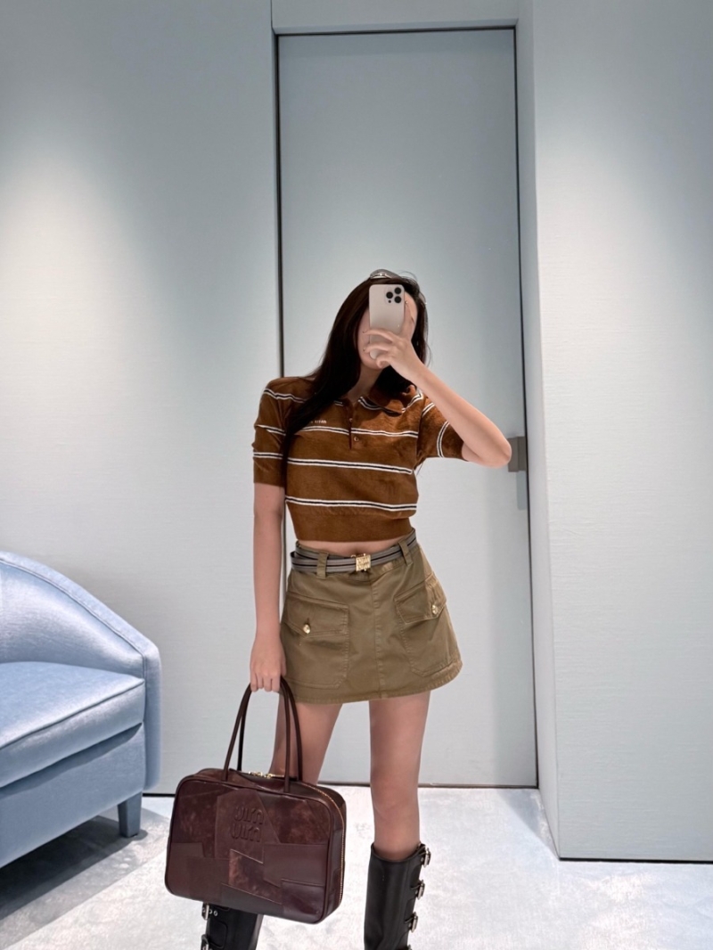 Miu Miu 25SS Spring/Summer Textured Striped Polo Knit Top Brown