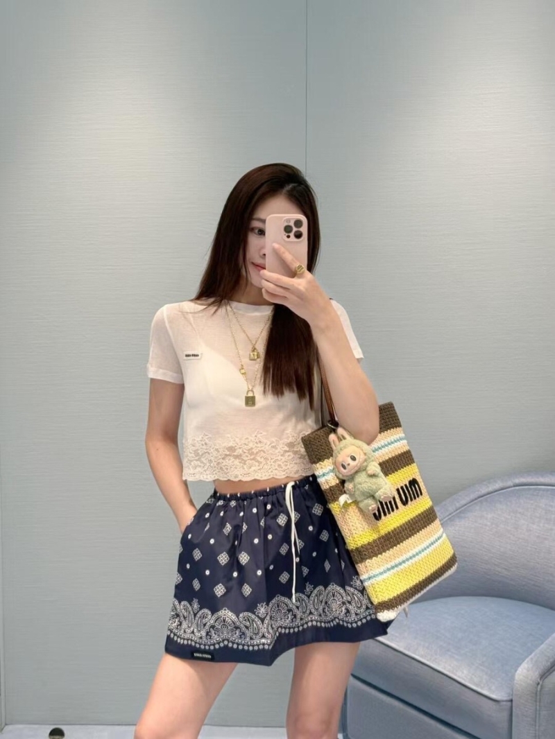 Miu Miu 25Ss Spring/Summer Lace-Trimmed Logo T-Shirt White