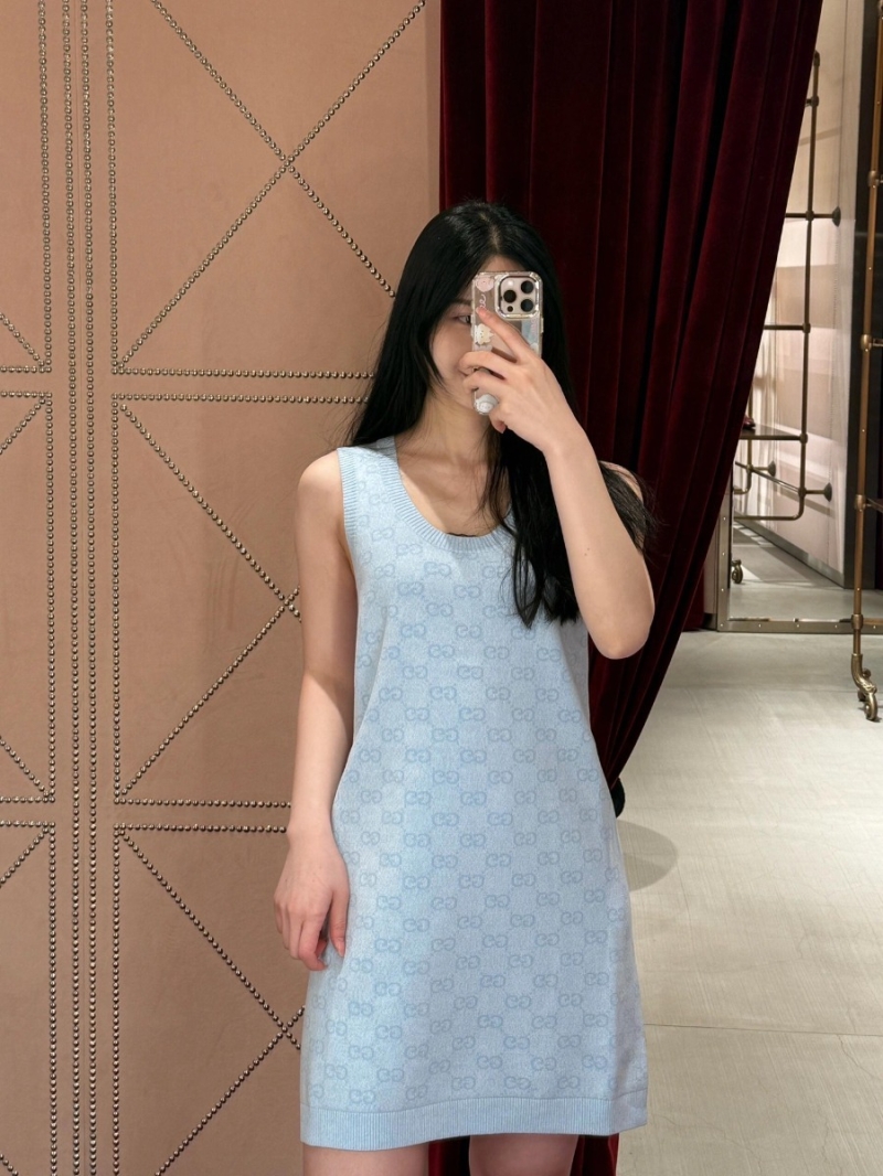 Gucci 25SS Spring/Summer Luxe Logo Sleeveless Knit Dress Light Blue