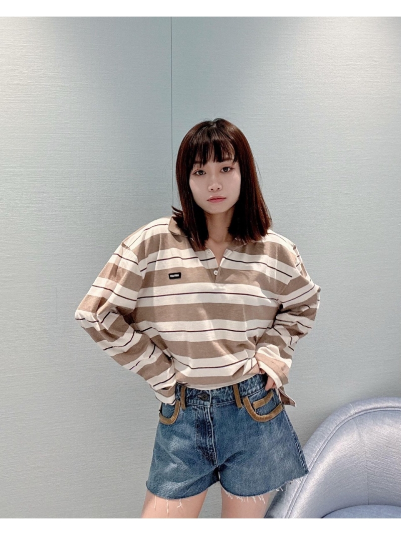 Miu Miu 25SS Spring/Summer Stylish Striped Polo Shirt Beige with White & Brown Stripes