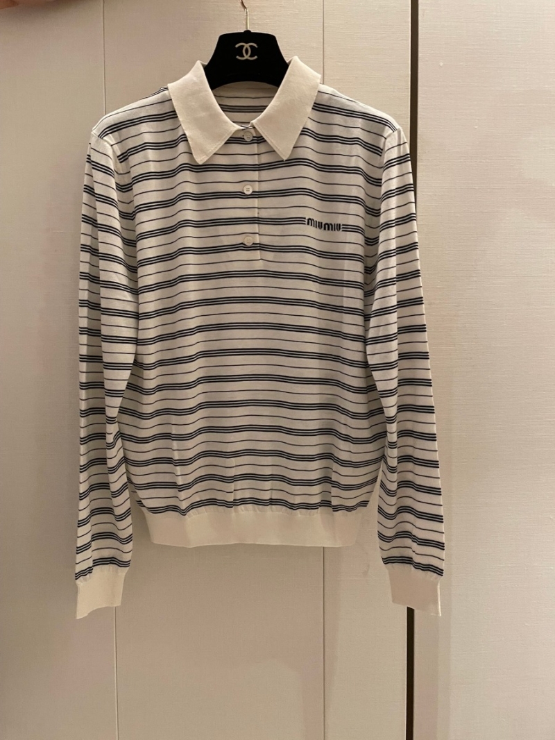 Miu Miu High-End 24SS Spring/Summer French Light Striped Polo Knit Shirt. 