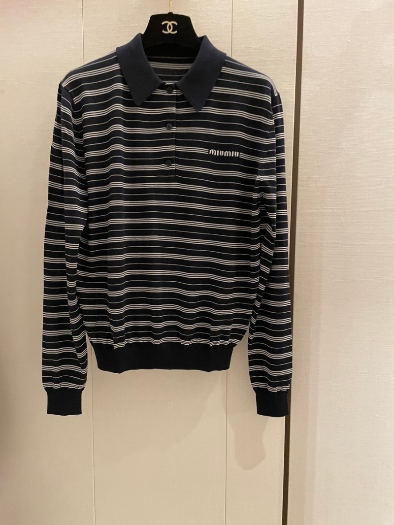 Miu Miu High-End 24SS Spring/Summer French Dark Striped Polo Knit Shirt. 