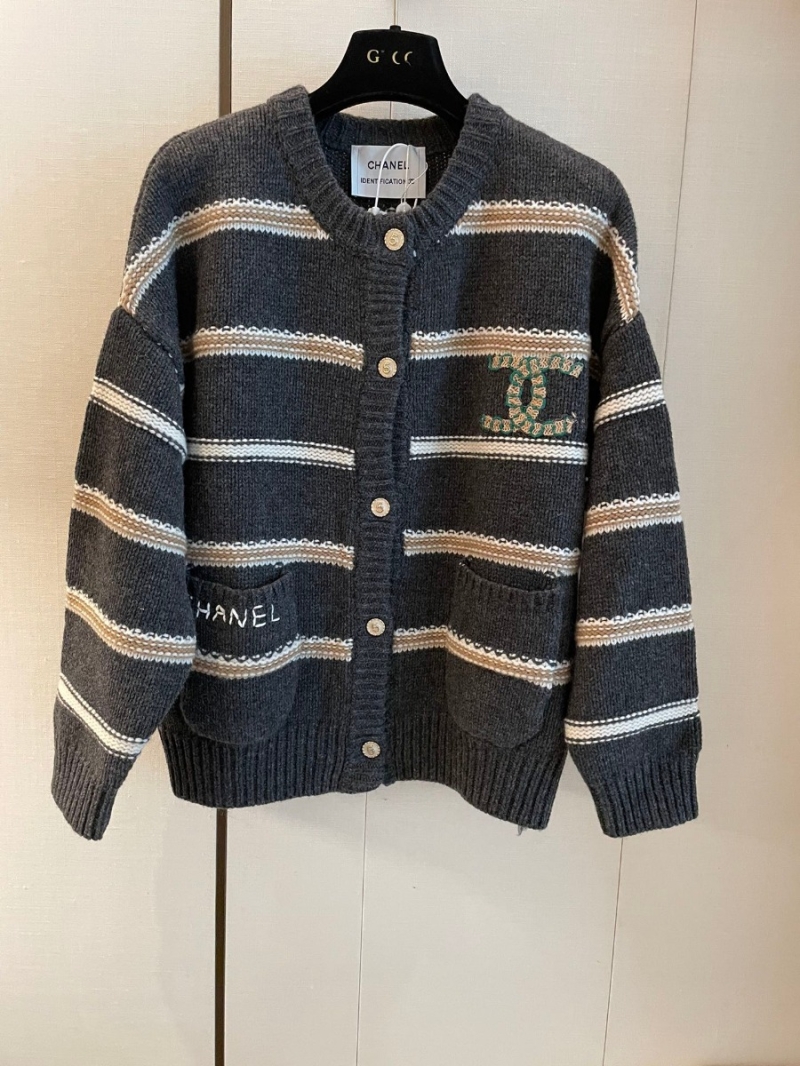 Chanel CC Vintage-Inspired Wool Blend Striped Cardigan. Charcoal