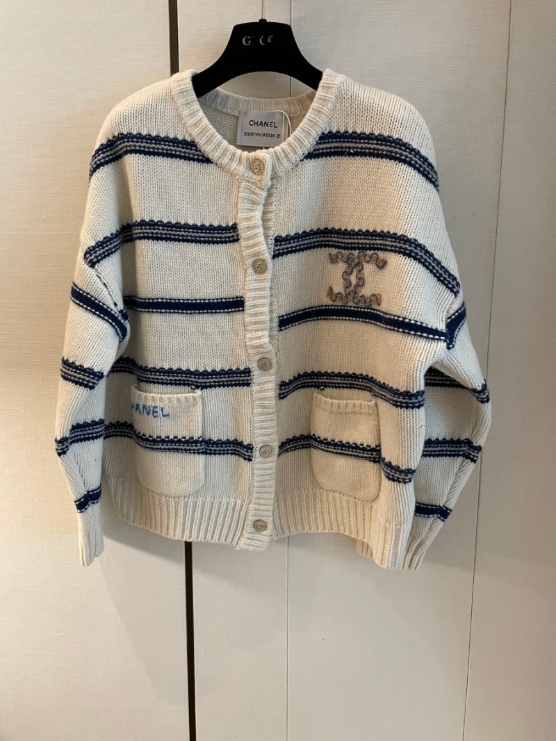 Chanel CC Vintage-Inspired Wool Blend Striped Cardigan. White