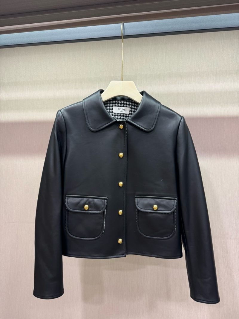 Celine 2024 Limited Edition Leather Jacket with Houndstooth Lining