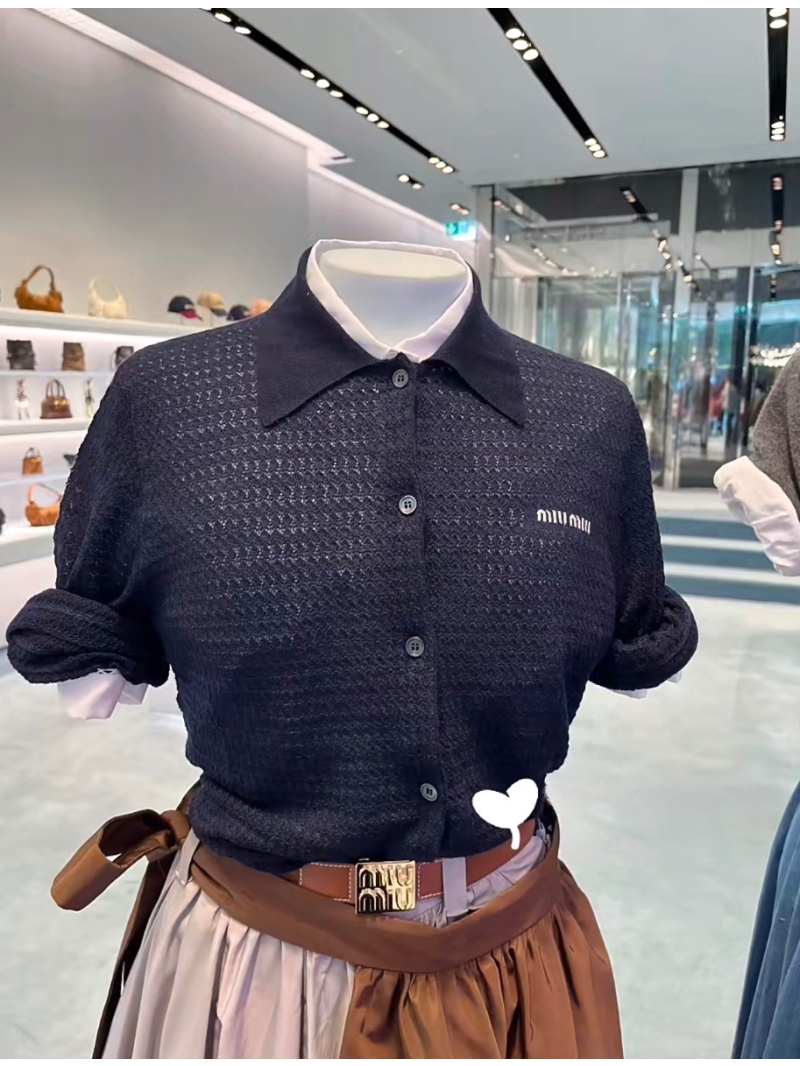 Miu Miu 2024 Summer New Openwork Polo Knit Top Navy – Sweet and Sophisticated Charm