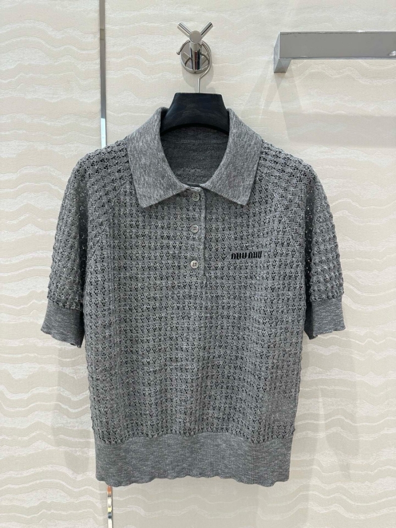 Miu Miu 2024 Summer New Openwork Polo Knit Top grey – Sweet and Sophisticated Charm