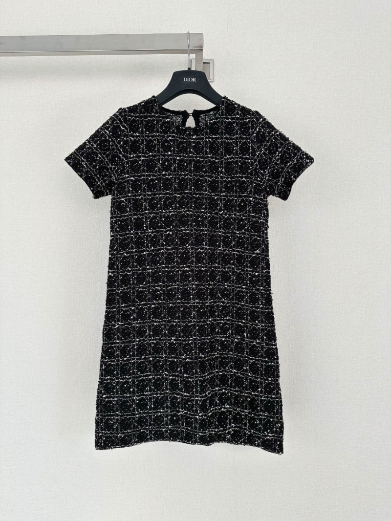 Dior Macrocannage Short Dress Black and White Technical Cotton Tweed