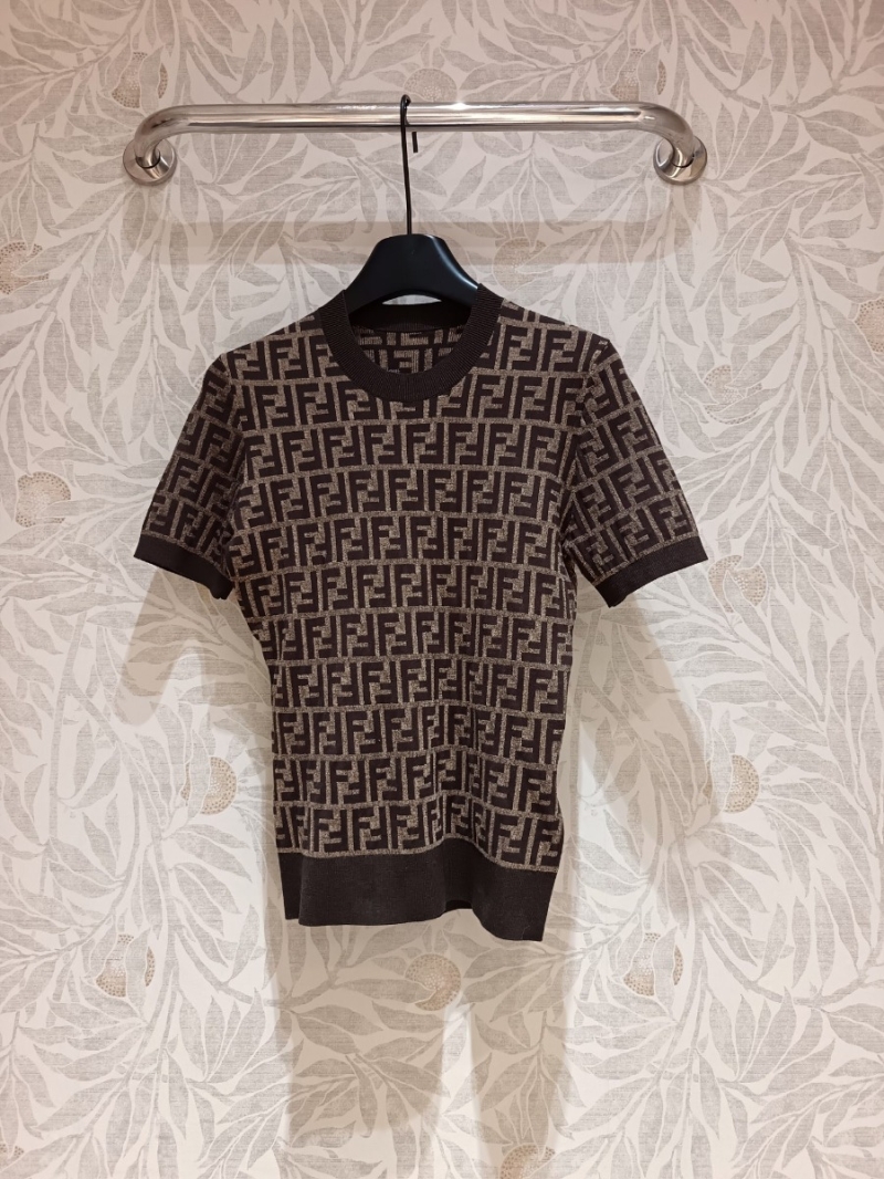 Fendi Monogram Knit Short-Sleeve Top - Brown and Beige