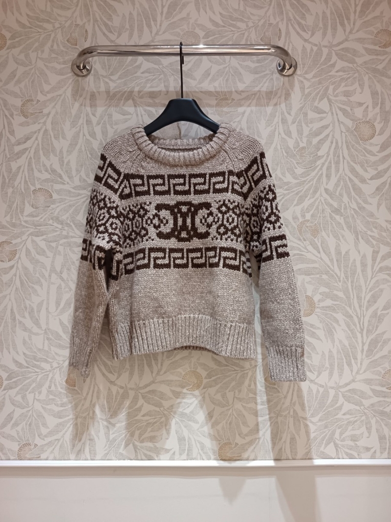 Celine Fair Isle Chunky Knit Wool Sweater - Beige & Brown Pattern