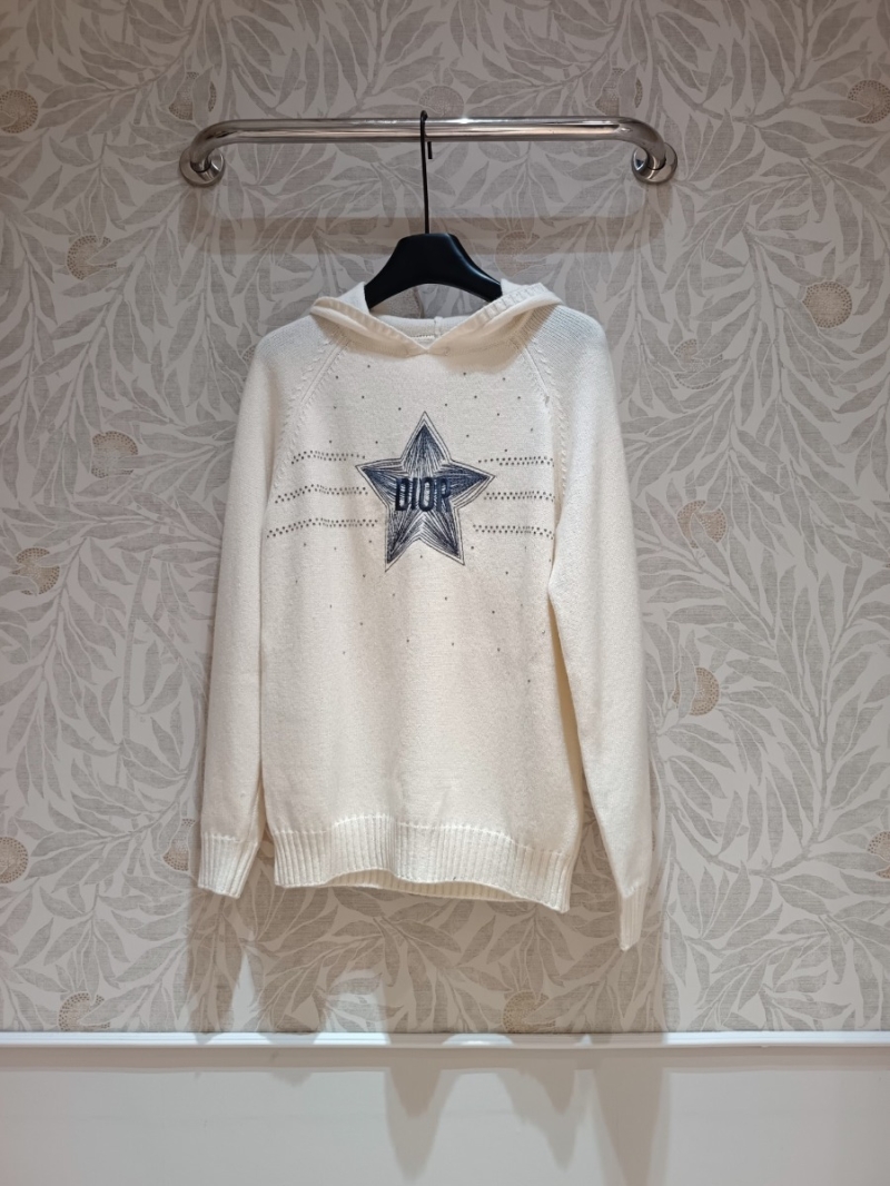Dior Lucky Star Rhinestone Wool Knit Hoodie. Cream