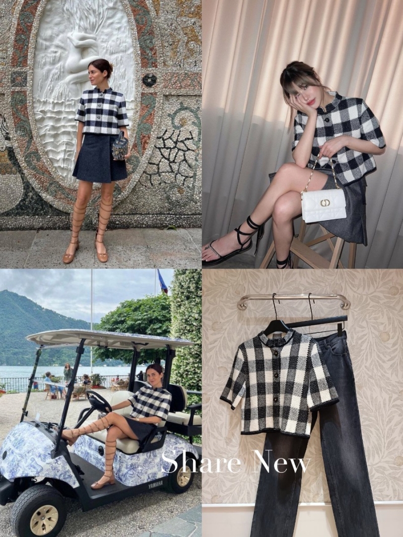 Dior Gingham Knit Short-Sleeve Top - Black and White