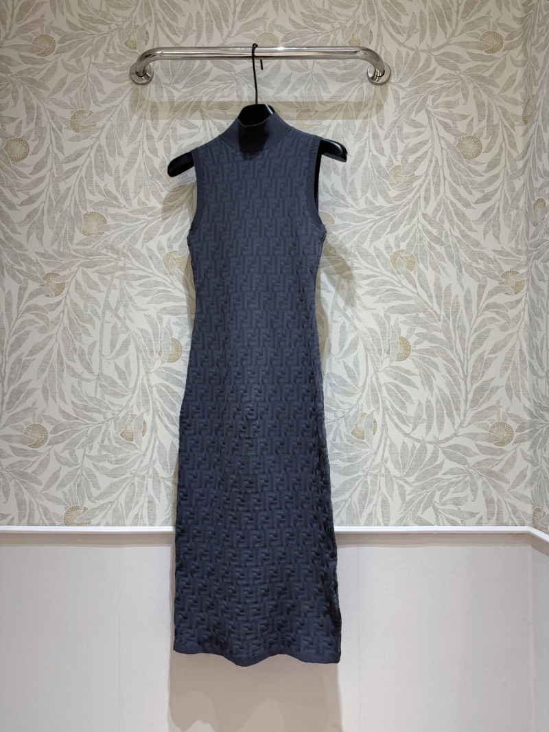 Fendi Monogram Embossed High-Neck Sleeveless Knit Dress - Navy