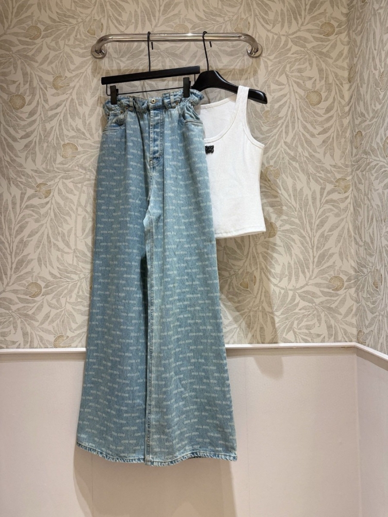 Miu Miu Laser-Engraved Paperbag Waist Denim Jeans - Light Blue