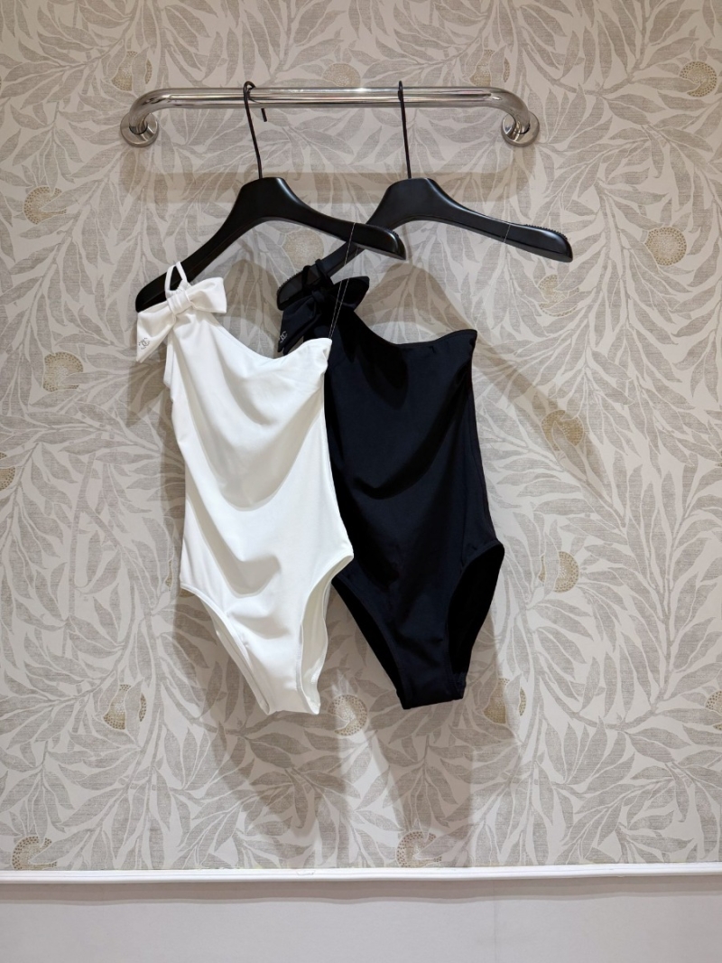 Chanel Coco Beach Butterfly Bow One-Shoulder Swimsuit - Black and White
