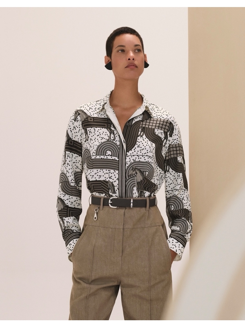 Hermes Pop Art Horse Print Imported Silk Twill Shirt Silk Blouse