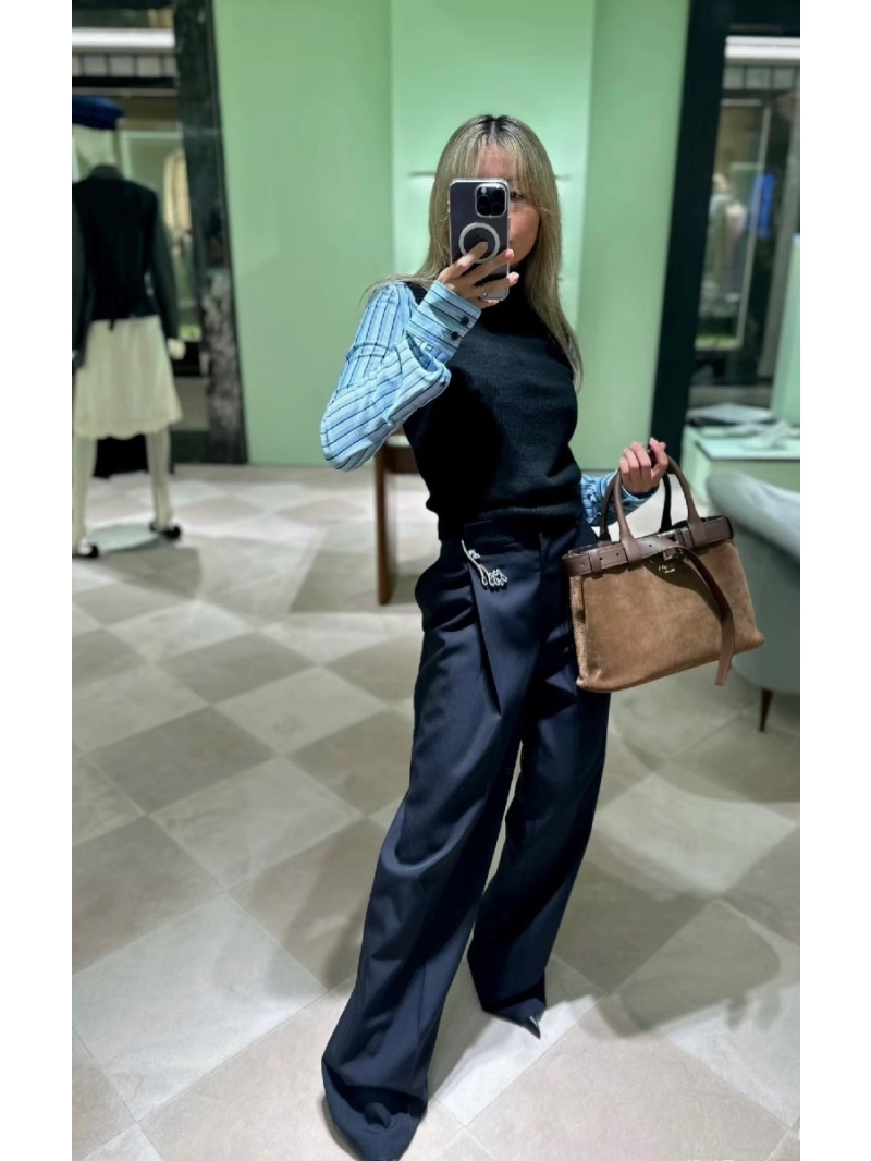 Prada Crystal Lily Brooch Embellished WoolBlend Trousers