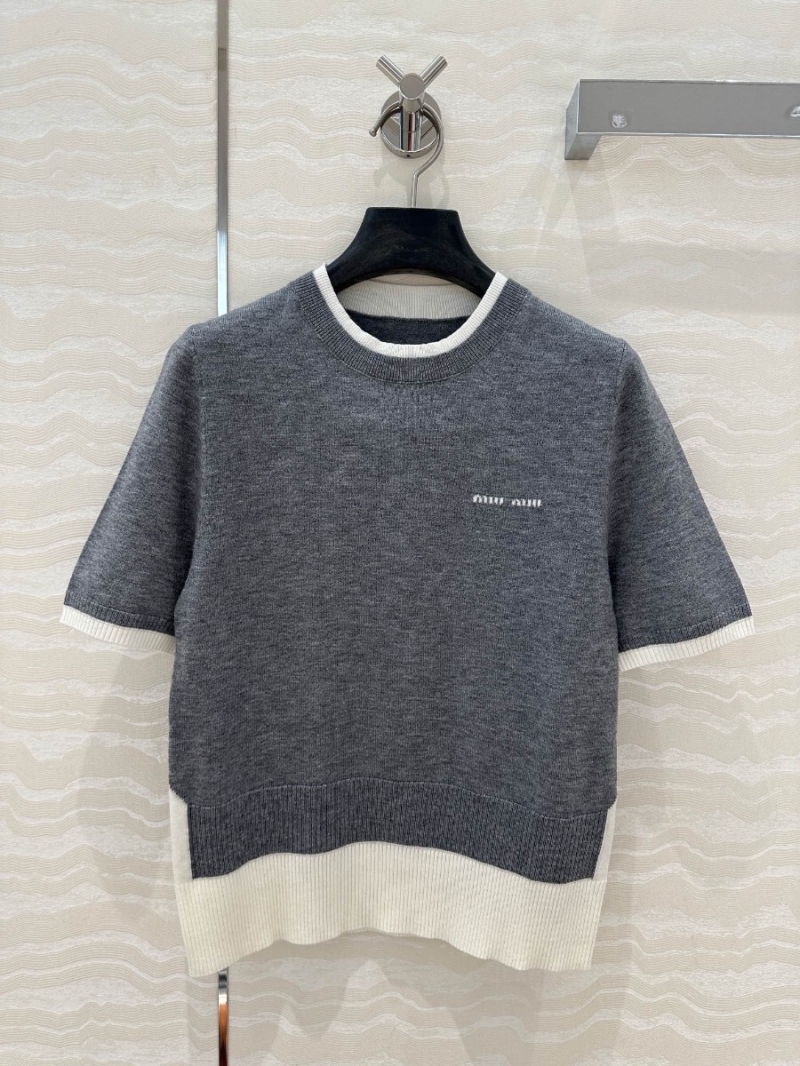 Miu Miu Wool-Cashmere Contrast-Color Round Neck Knit Top Grey