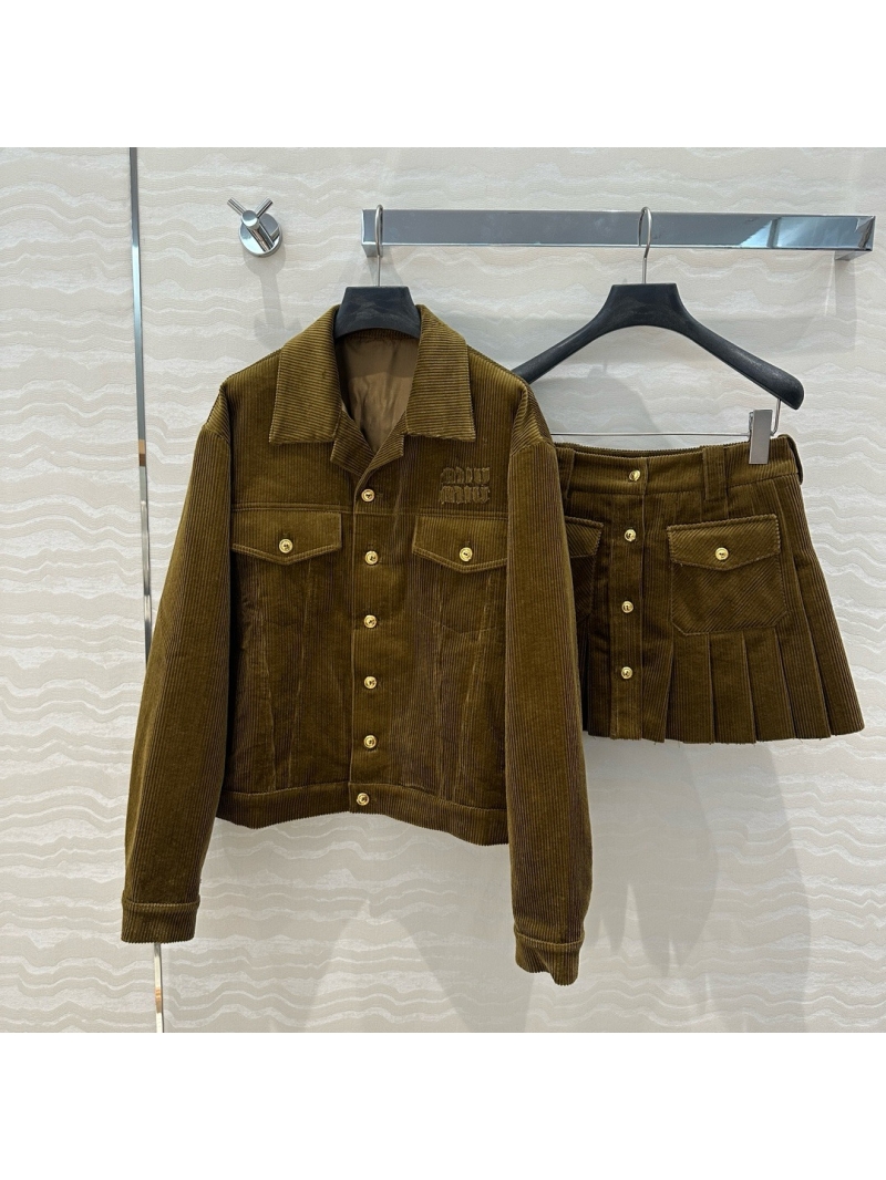 Miu Miu Corduroy Jacket with Metal Button Details Khaki