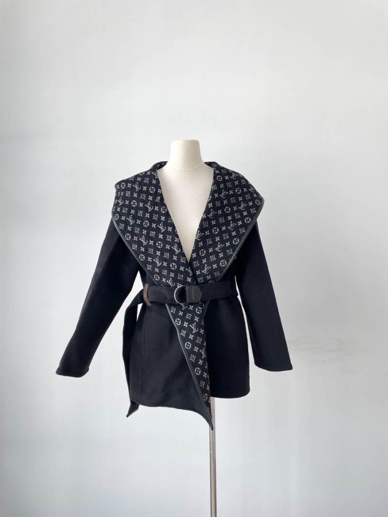 Louis Vuitton LV Pure Wool Double-Faced Monogram Hooded Short Coat with Tie