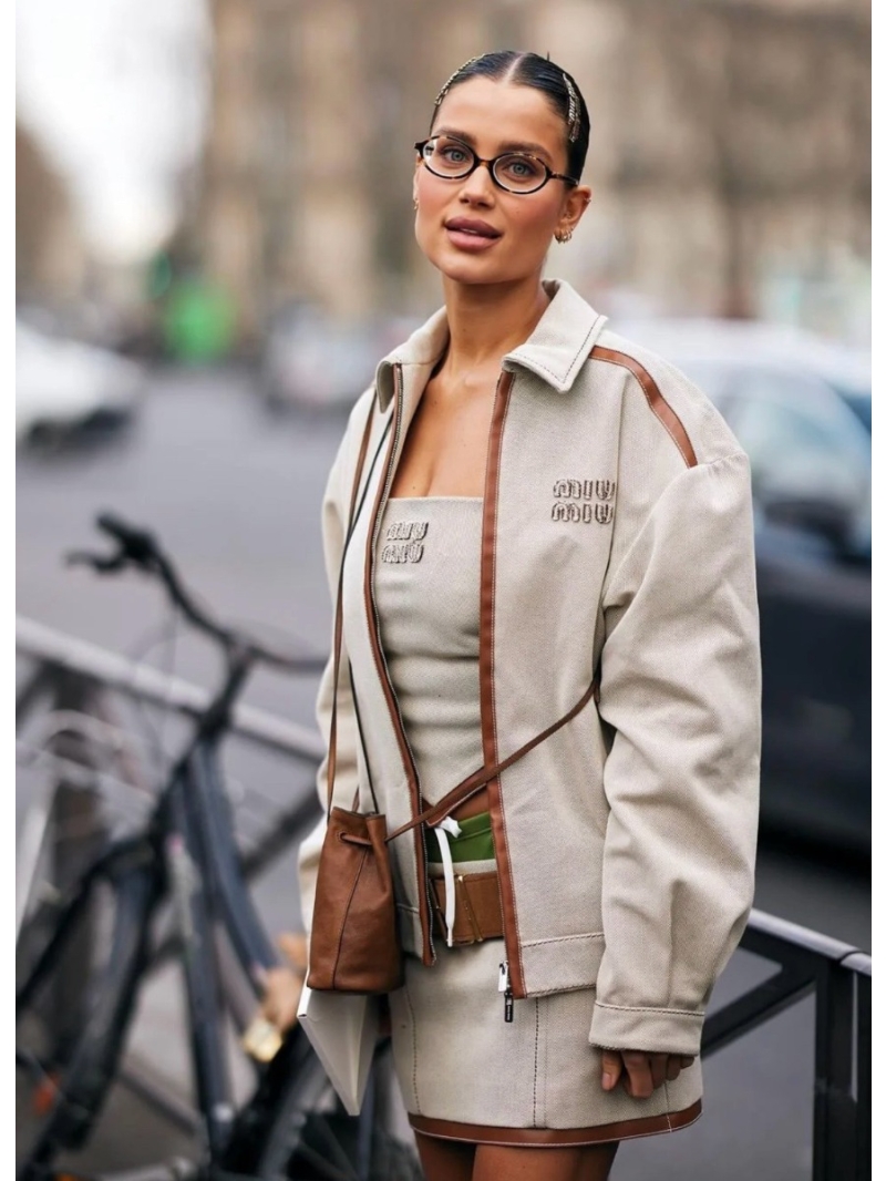 MiuMiu 24SS Embossed Canvas Patchwork Leather Vintage Jacket