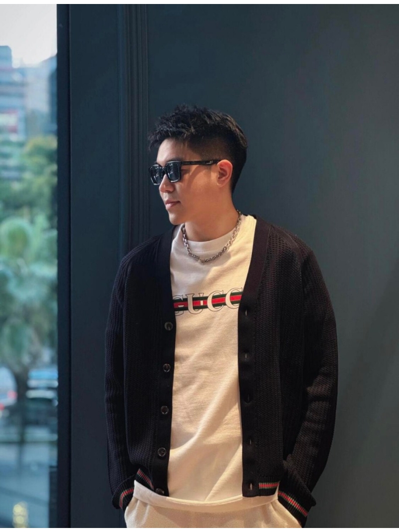 Gucci Web-Trim Openwork Knit Cardigan in White and Navy