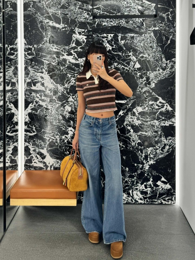 Celine Contrast-Collar Short Sleeve Striped Shirt