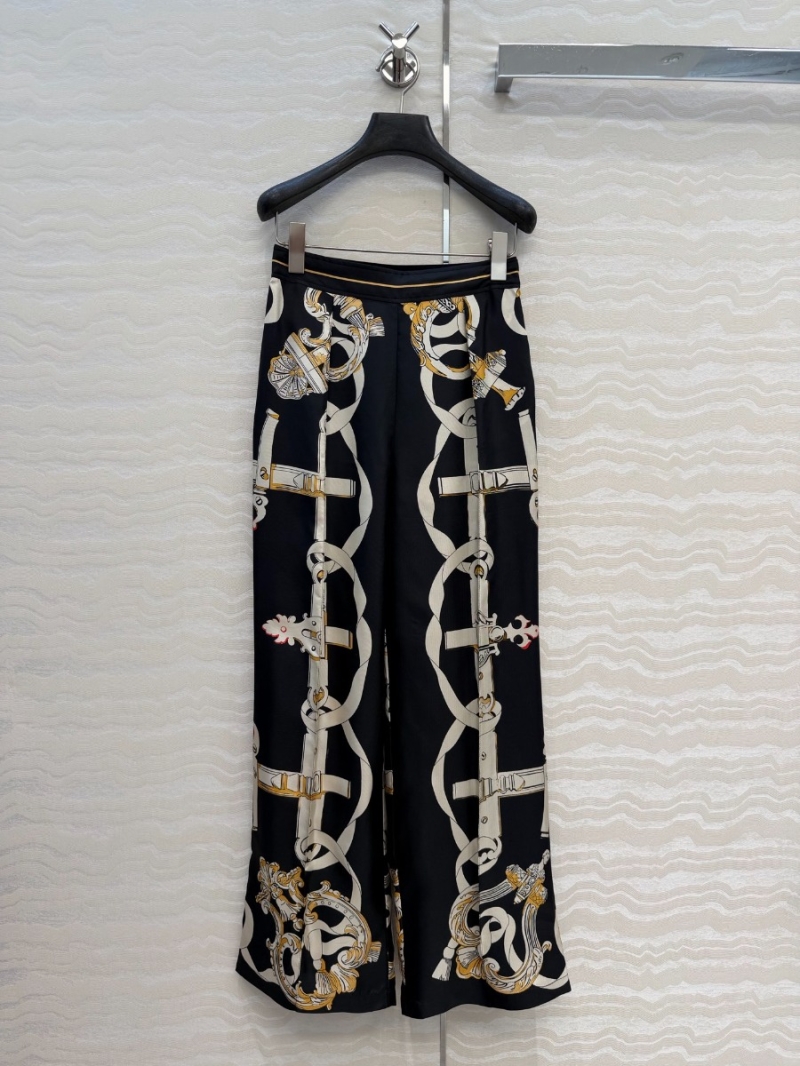 Hermès Sumptuous 100% Silk Twill Wide-Leg Trousers | Opulent Engineered Chain Print (Black/Gold)