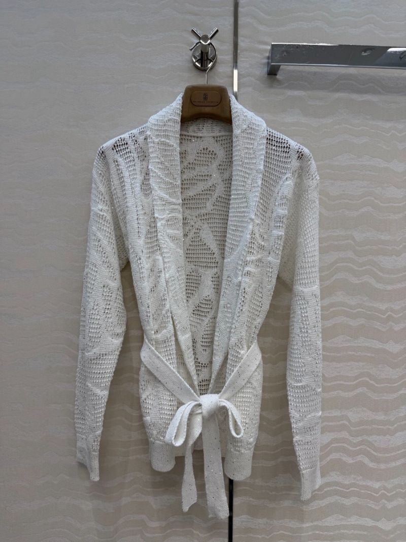 Brunello Cucinelli Sequin Linen-Cotton Open-Work Cardigan in White