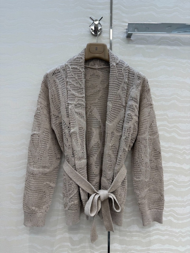Brunello Cucinelli Sequin Linen-Cotton Pointelle Wrap Cardigan - Beige