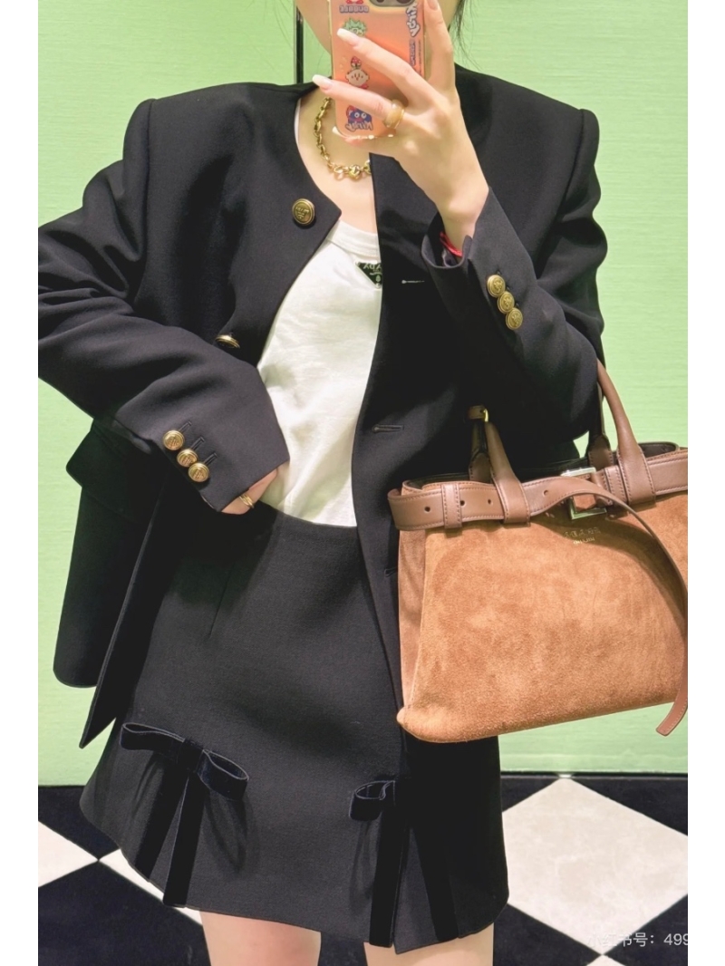 Prada 24FW Velvet Bow-Embellished Split Skirt