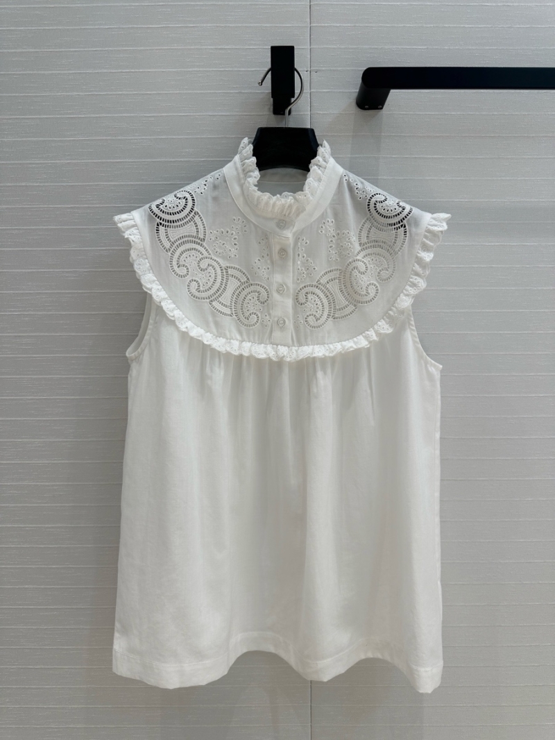 Celine 2025 Summer Spring Embroidered Ruffle Collar Sleeveless Shirt blouse