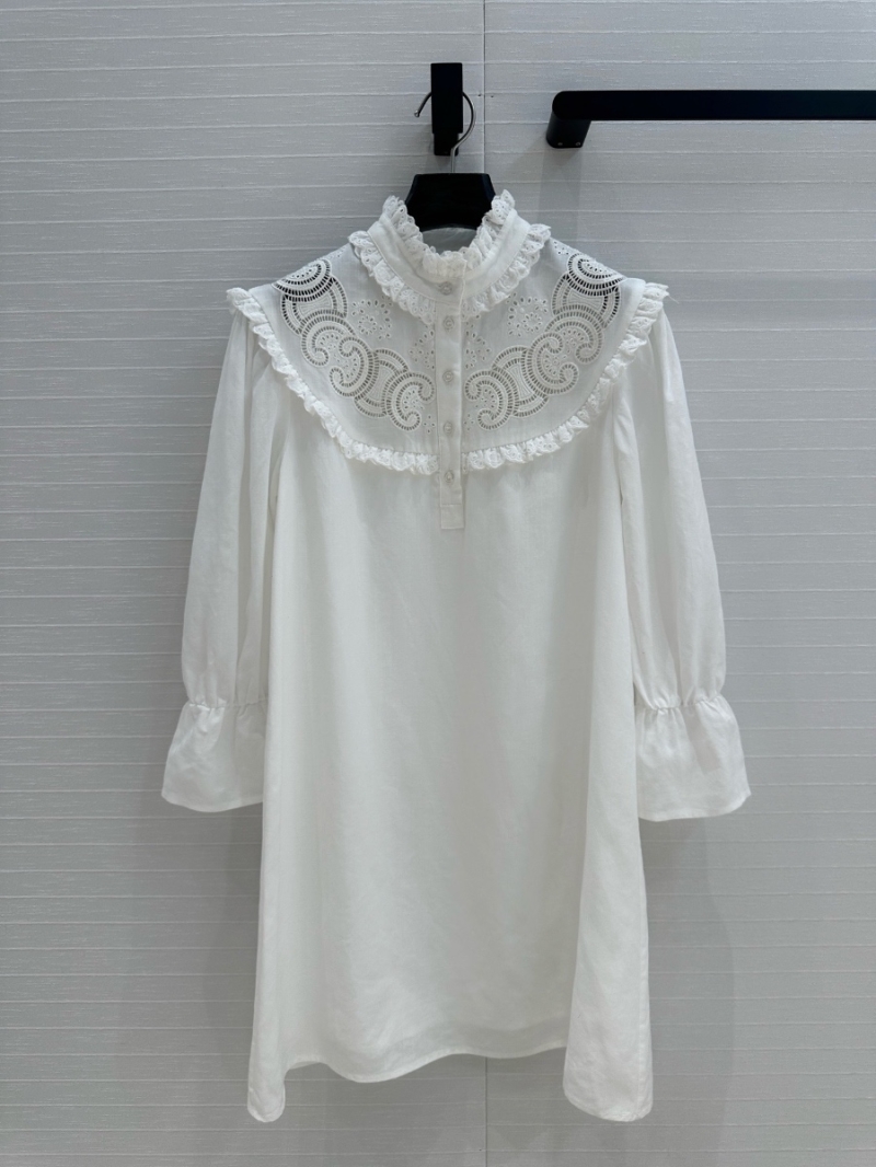Celine 25SS Ruffled Collar Embroidered Cotton-Linen Dress