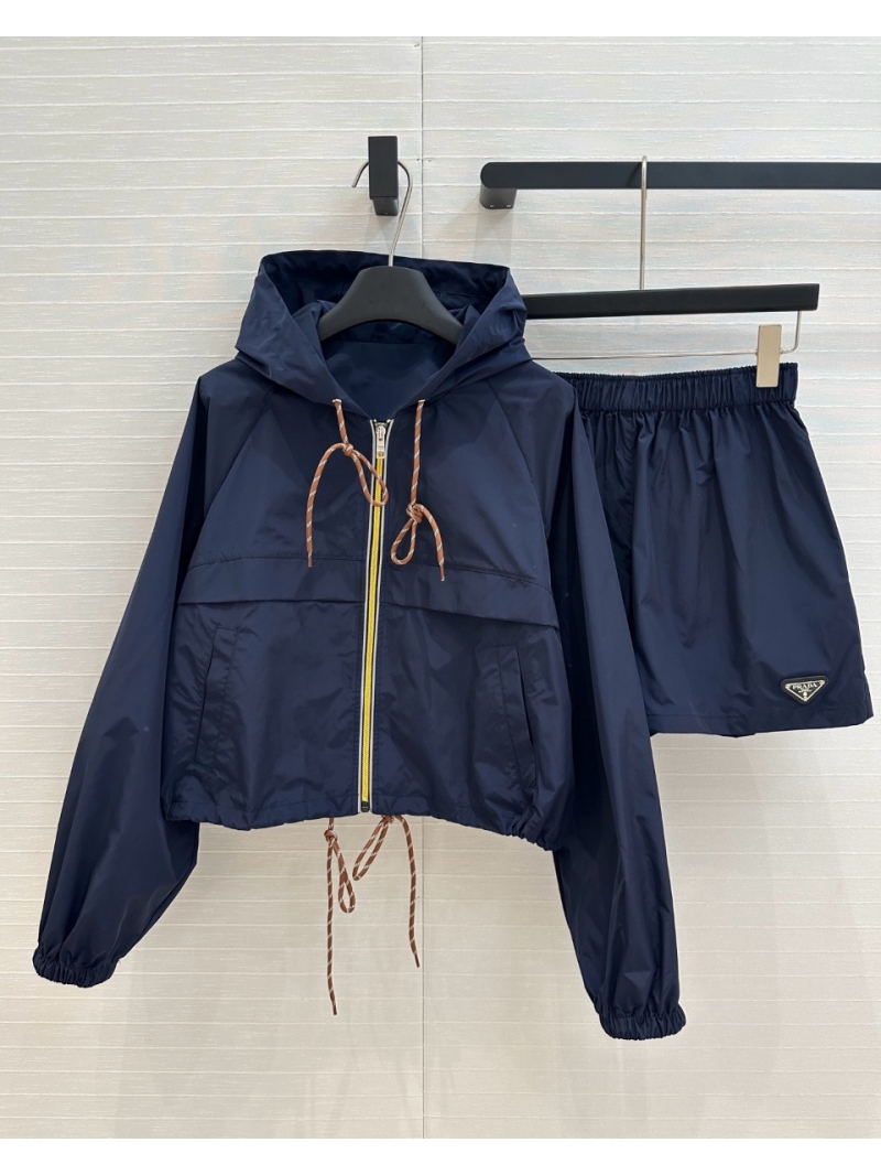 Prada 2025 Spring Capsule Recycled Nylon Hooded Jacket & Shorts Set Blue – Sporty and Stylish