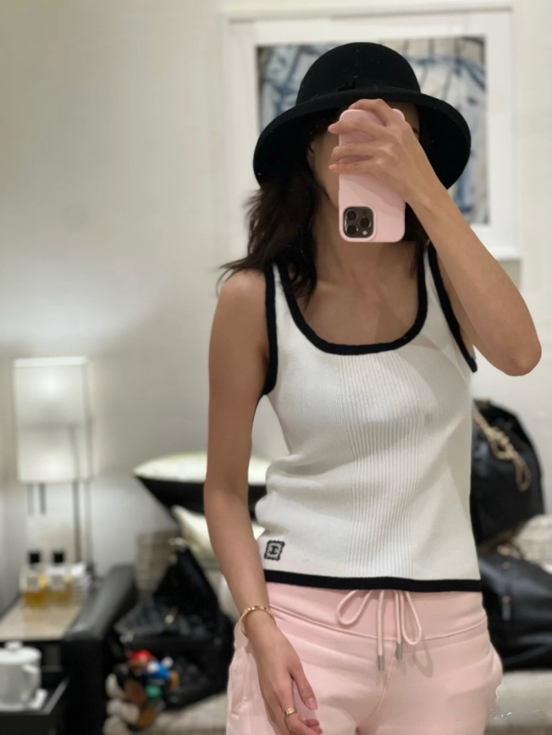 Chanel 25SS Contrast Trim Slim-Fit Tank Top White